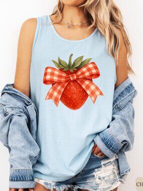 Gingham Strawberry Tank Top | Coquette Summer Aesthetic | Retro Fruit Bow Tank